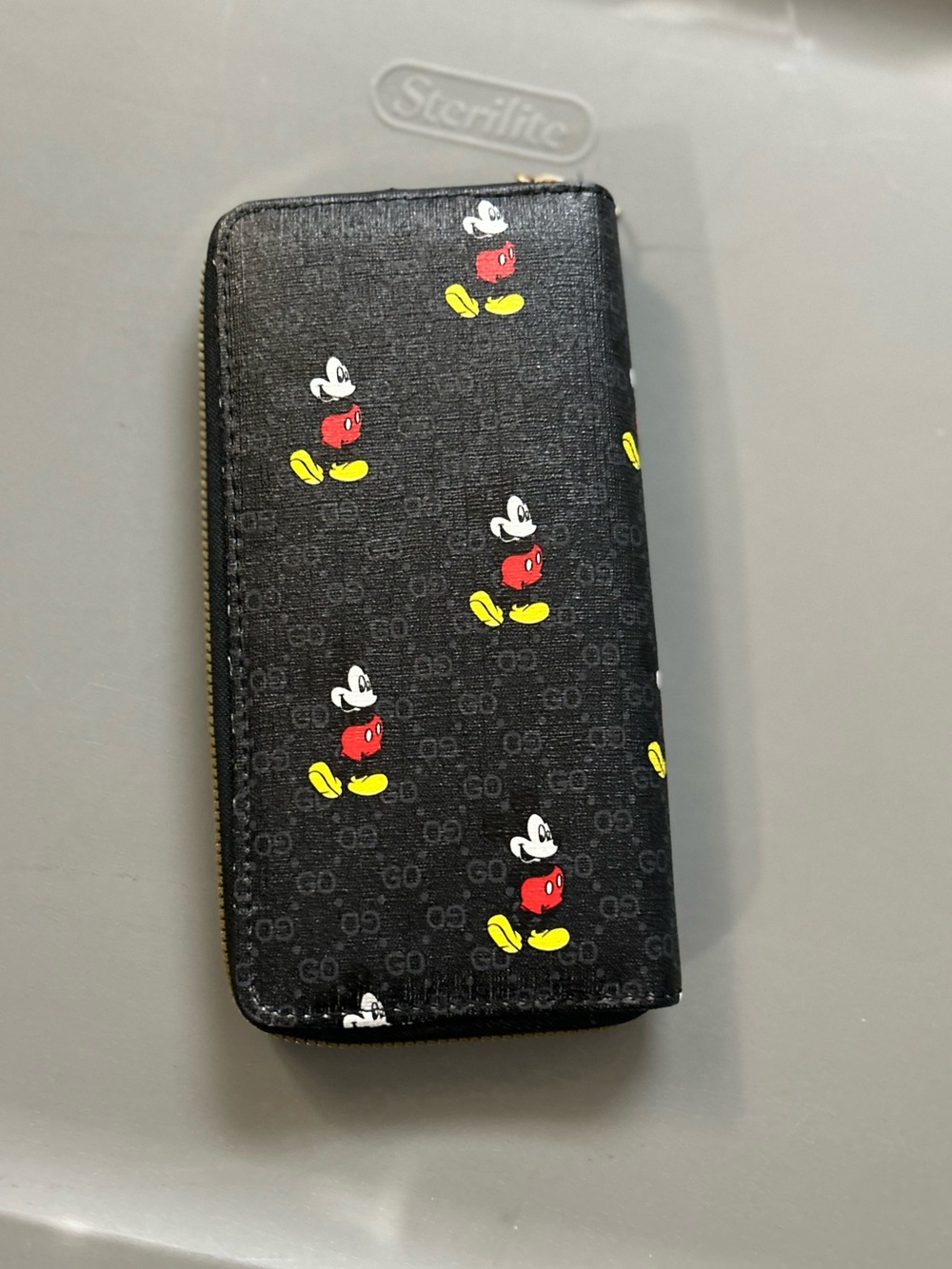 Black Designer Mickey Pattern Zip Wallet